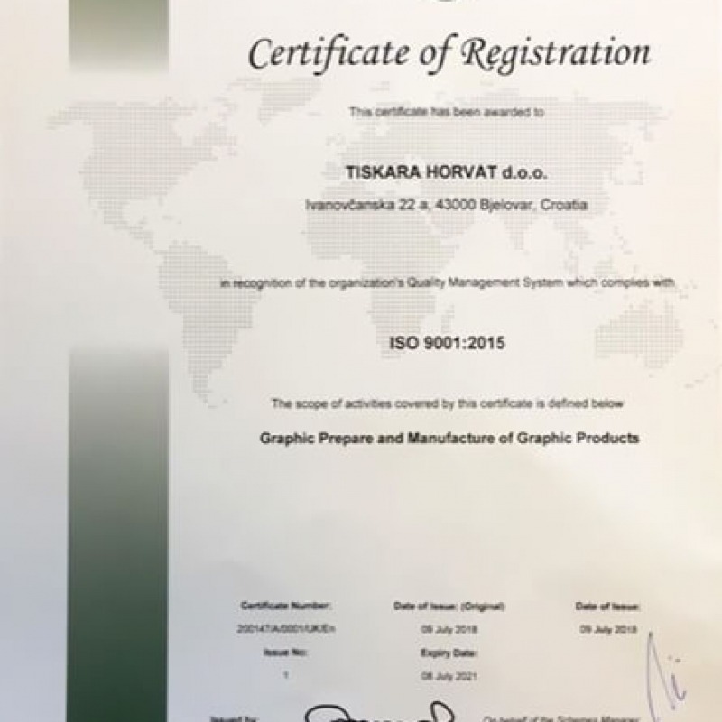 Tiskara Horvat Bjelovar ISO 9001:2015 certifikat